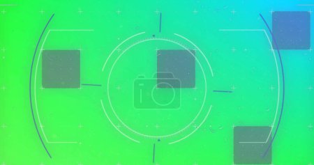 Photo for Image of scope scanning, flickering lines and squares on glowing green background. Digital interface global connection and communication concept digitally generated image. - Royalty Free Image