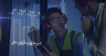 Photo for Image of graphs over diverse woman and man working in server room. network, programming, computers and technology concept digitally generated image. - Royalty Free Image