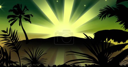 Téléchargez les photos : Une silhouette de coucher de soleil tropical avec des palmiers et un éclat de soleil radieux crée une toile de fond sereine, avec un espace de copie. L'image évoque un sentiment de calme et la beauté de la nature au crépuscule. - en image libre de droit