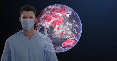 Foto de Imagen de globo con covid rojo 19 casos sobre el hombre con máscara facial. mundial covid 19 pandemia, salud y medicina concepto de imagen generada digitalmente. - Imagen libre de derechos