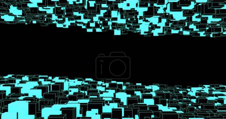 Téléchargez les photos : Paysage numérique abstrait avec motifs cyan sur fond noir. Évoque des concepts de données, de réalité virtuelle ou de technologie futuriste. - en image libre de droit