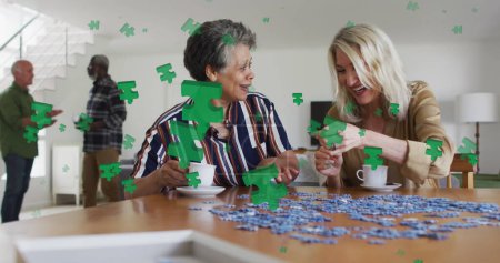Photo for Image of puzzle over diverse group of seniors talking. senior home hangout and digital interface concept digitally generated image. - Royalty Free Image