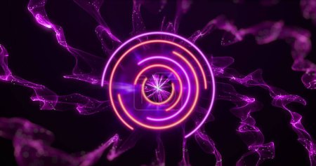 Foto de Imagen del círculo de neón sobre el espacio digital con humo púrpura. Pantalla digital, interfaz y concepto tecnológico imagen generada digitalmente. - Imagen libre de derechos