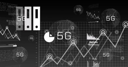 Photo for Image of 5g over globe, graphs, data and digital screen. Global finance, economy and technology concept digitally generated image. - Royalty Free Image