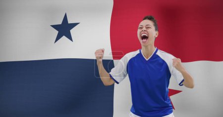 Photo for Image of biracial female soccer player over flag of panama. Global sport, patriotism and digital interface concept digitally generated image. - Royalty Free Image