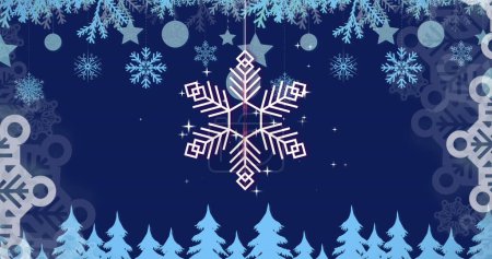 Téléchargez les photos : Image de décorations de Noël flocon de neige sur fond bleu. Noel, tradition et concept de célébration image générée numériquement. - en image libre de droit