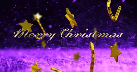 Photo for Image of merry christmas text over candy canes, stars and pink particles on black background. Christmas, tradition and celebration concept digitally generated image. - Royalty Free Image