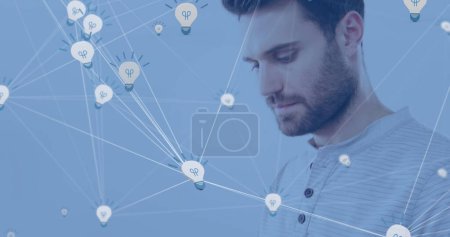 Photo for Image of network of digital icons over man using tablet. global social media, digital interface, technology and networking concept digitally generated image. - Royalty Free Image