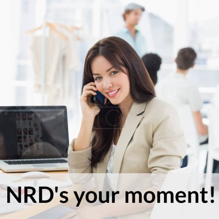Photo for Composition of nrd's your moment text over caucasian businesswoman using smartphone. Receptionist day, professional and office work concept digitally generated image. - Royalty Free Image