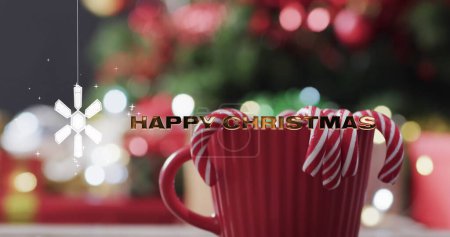Téléchargez les photos : Image de joyeux texte de Noël sur fond de flocon de neige et d'arbre de Noël. Noel, tradition et concept de célébration image générée numériquement. - en image libre de droit