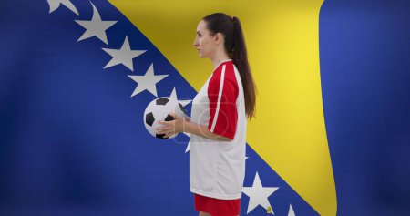 Photo for Image of caucasian female soccer player over flag of bosnia and herzegovina. - Royalty Free Image