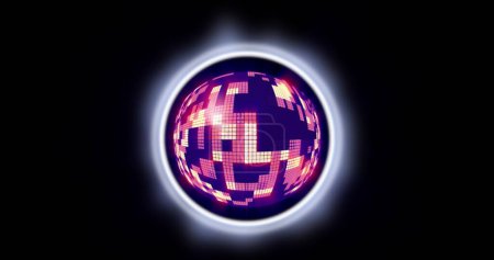 Téléchargez les photos : Image de cercle néon avec boule disco sur fond noir. Écran numérique, interface et concept technologique image générée numériquement. - en image libre de droit