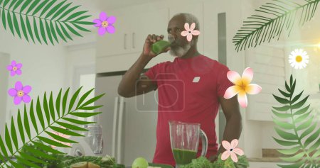 Téléchargez les photos : Image de fleurs sur un homme afro-américain âgé buvant une boisson saine. - en image libre de droit