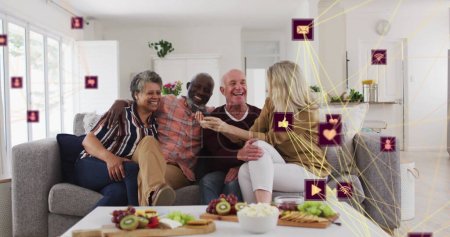 Photo for Image of media icons over diverse group of seniors using smartphone. senior home hangout and digital interface concept digitally generated image. - Royalty Free Image