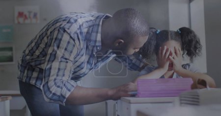 Photo for Image of flashing lights over african american male teacher comforting sad schoolgirl in class. Teaching, stress, school, education, childhood and learning, digitally generated image. - Royalty Free Image