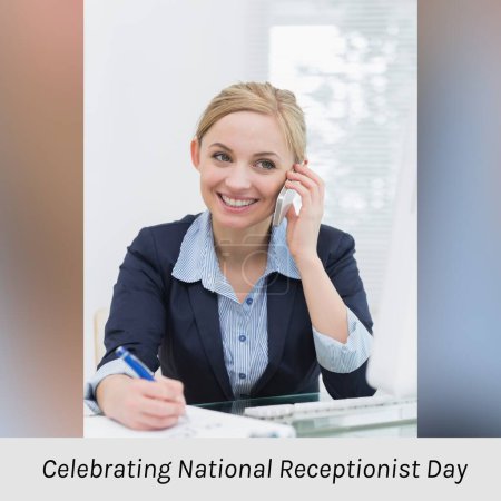Photo for Composition of celebrating national receptionist day text over caucasian woman using smartphone. Receptionist day, professional and office work concept digitally generated image. - Royalty Free Image