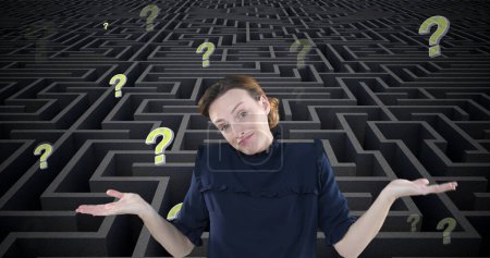 Photo for Image of uncertain caucasian woman and yellow question marks moving over grey maze. Decisions, confusion, education and learning, digitally generated image. - Royalty Free Image