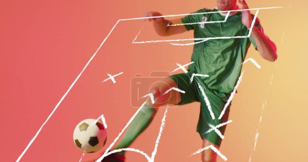Photo for Image of caucasian male soccer player over stadium drawing. Global sport and digital interface concept digitally generated image. - Royalty Free Image