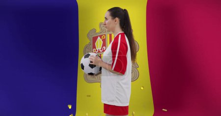 Photo for Image of caucasian female soccer player over flag of moldova. - Royalty Free Image