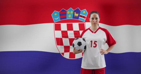 Photo for Image of caucasian female soccer player over flag of croatia. - Royalty Free Image