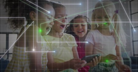 Photo for Image of glowing network over multiracial schoolgirls using tablet at break time. Communication, technology, friendship, school, education, childhood and learning, digitally generated image. - Royalty Free Image