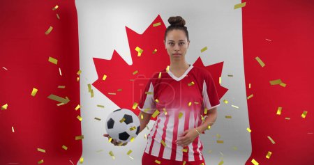 Photo for Image of biracial female soccer player over flag of canada. Global sport, patriotism and digital interface concept digitally generated image. - Royalty Free Image
