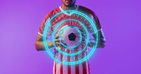 Photo for Image of african american male soccer player over scope scanning. Global sport and digital interface concept digitally generated image. - Royalty Free Image
