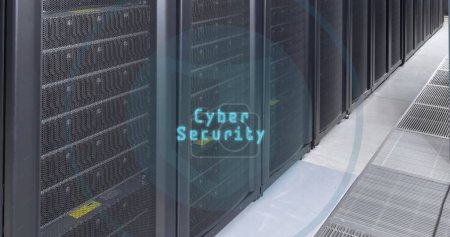 A server room displays 'Cyber Security' on the glass door. The focus on cybersecurity underscores the importance of protecting data in tech environments.