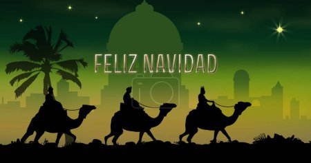 Photo for Image of feliz navidad text over three wise men on green background. Christmas, tradition and celebration concept digitally generated image. - Royalty Free Image
