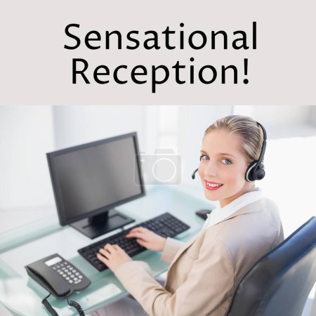 Photo for Composition of sensational reception text over caucasian businesswoman using phone headset. Receptionist day, professional and office work concept digitally generated image. - Royalty Free Image