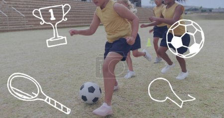 Photo for Image of sports icons over happy diverse schoolgirls playing football on sports field. Sports, health, school, education, childhood and friendship, digitally generated image. - Royalty Free Image
