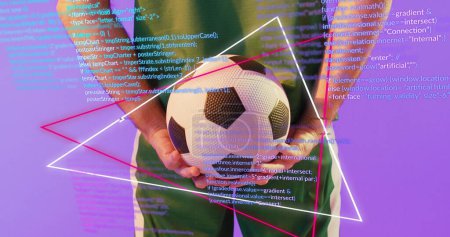 Bild eines kaukasischen männlichen Fußballspielers über der Stadionzeichnung. Globaler Sport und digitales Schnittstellenkonzept digital generiertes Image.