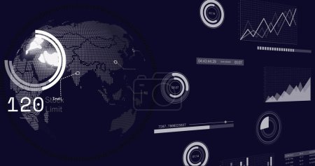 Photo for Image of statistics and data processing over globe in background. Global digital interface, computing and data processing concept digitally generated image. - Royalty Free Image