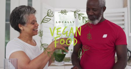 Photo for Image of vegan food text over senior african american couple with healthy drink. senior home hangout and digital interface concept digitally generated image. - Royalty Free Image