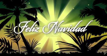 Photo for Image of feliz navidad text over shooting on green background. Christmas, tradition and celebration concept digitally generated image. - Royalty Free Image