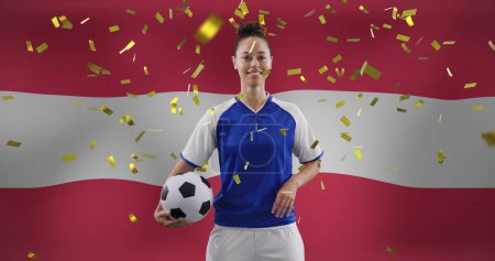 Photo for Image of biracial female soccer player over flag of austria. Global sport, patriotism and digital interface concept digitally generated image. - Royalty Free Image