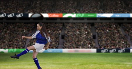 Photo for Image of caucasian female soccer player over stadium. - Royalty Free Image