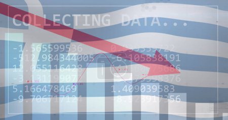 Photo for Image of statistics and data processing over waving flag of greece. Business, communication, digital interface, finance and data processing concept digitally generated image. - Royalty Free Image