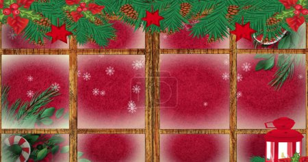 Foto de Un collage festivo con temática navideña presenta decoraciones navideñas. Los elementos incluyen ramas de pino, bayas de acebo y una linterna roja clásica. - Imagen libre de derechos