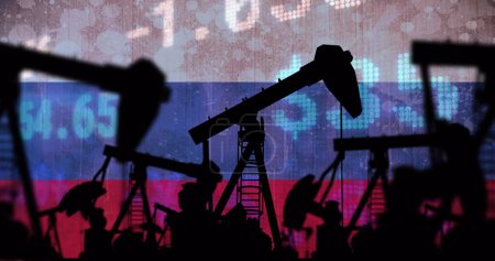 Image of pump jacks and financial data over flag of russia. Oil business, energy, transport, finance and economy concept digitally generated image.