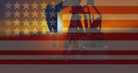 Photo for Image of pump jacks over flag of usa. Oil business, energy, transport, finance and economy concept digitally generated image. - Royalty Free Image