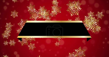 Bild von Weihnachten schwarz-gold Zeichen mit Kopierraum und Schnee auf rotem Hintergrund. Weihnachten, Winter, Fest, Tradition und Festkonzept digital generiertes Bild.