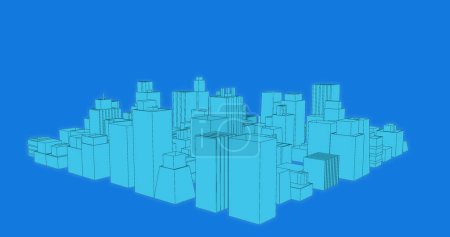 Téléchargez les photos : Image numérique de bâtiments virtuels dans une ville tournant à l'écran bleu - en image libre de droit