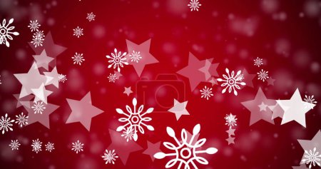 Foto de Imagen de estrellas navideñas y nieve cayendo sobre fondo rojo. Navidad, invierno, festividad, tradición y concepto de celebración imagen generada digitalmente. - Imagen libre de derechos