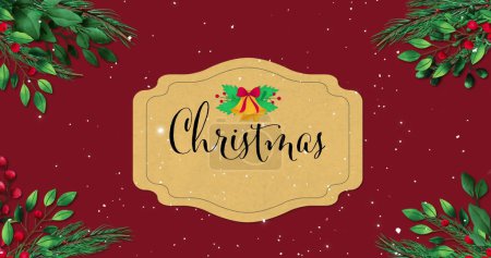 Image de Noël salutations texte, décorations et neige tombant sur fond rouge. Noël, hiver, fête, tradition et concept de célébration image générée numériquement.