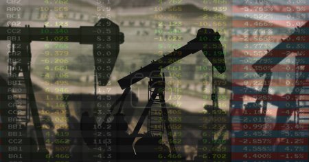 Image of pump jacks over money and data. Oil business, energy, transport, finance and economy concept digitally generated image.