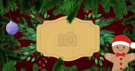 Bild von Weihnachtsschild mit Kopierraum, Dekoration und Schnee auf rotem Hintergrund. Weihnachten, Winter, Fest, Tradition und Festkonzept digital generiertes Bild.