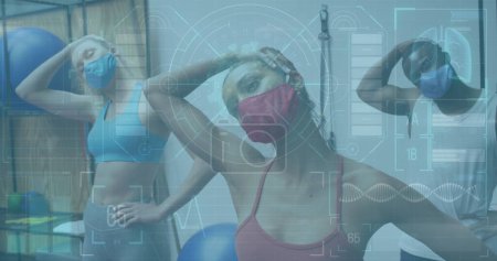 Photo for Image of graphs and statistics over diverse group wearing face masks working out. global covid 19pandemic concept digitally generated image. - Royalty Free Image