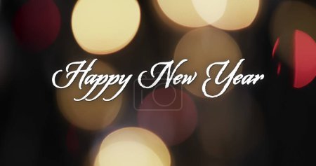 Photo for Image of happy new year text over yellow spots of light background. New year, tradition and celebration concept digitally generated image. - Royalty Free Image
