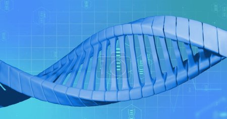 Photo for Image of medical icons and dna strand on blue background. Global medicine and digital interface concept digitally generated image. - Royalty Free Image